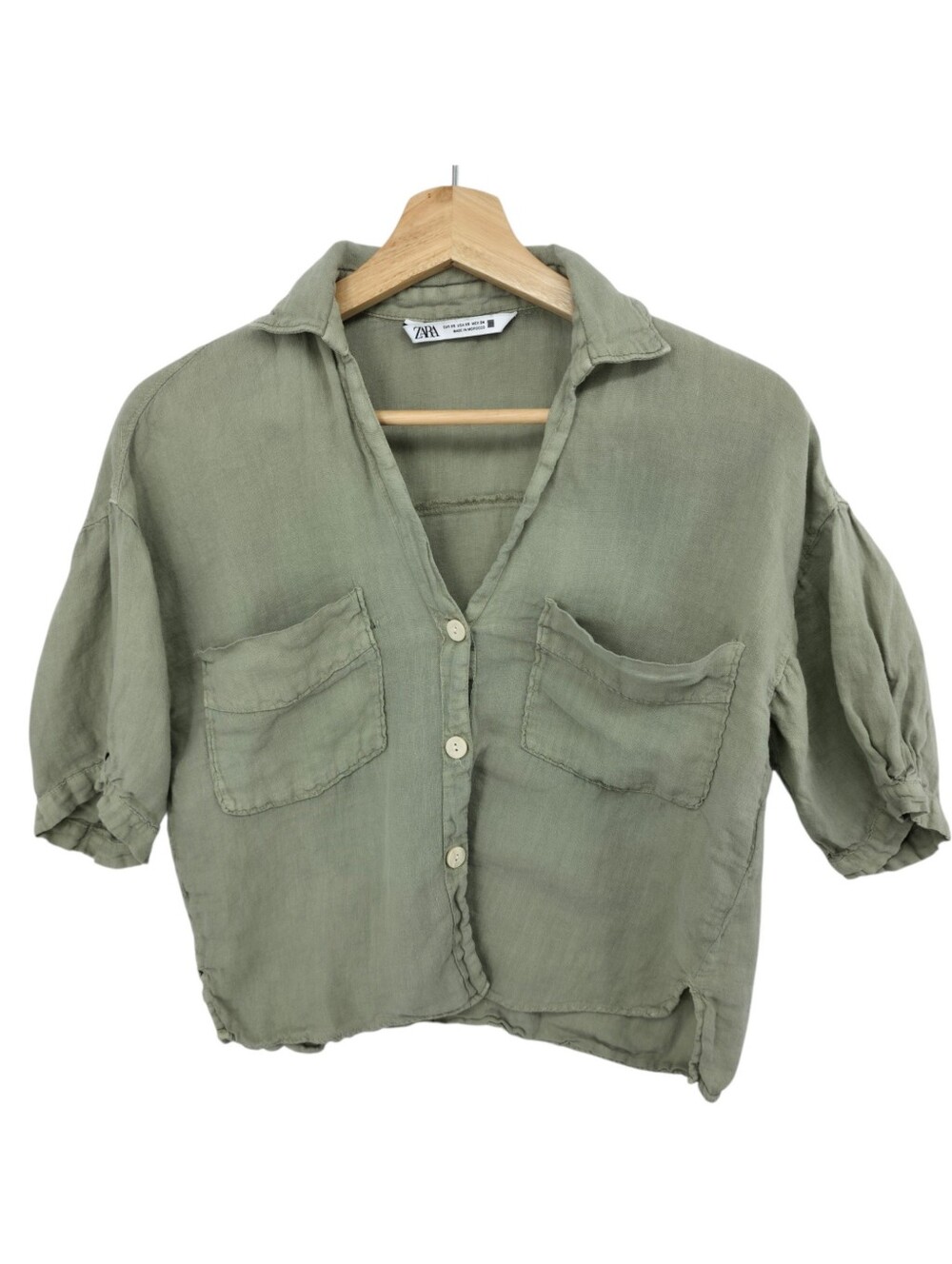 Zara 100% Linen Top XS Olive Green Puff Sleeve Button Front Coastal Boho